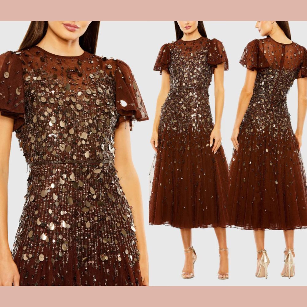 NWT MAC DUGGAL [ 18 ] 24018 Flutter Sleeve Sheer Top Beaded Dress Espresso Brown